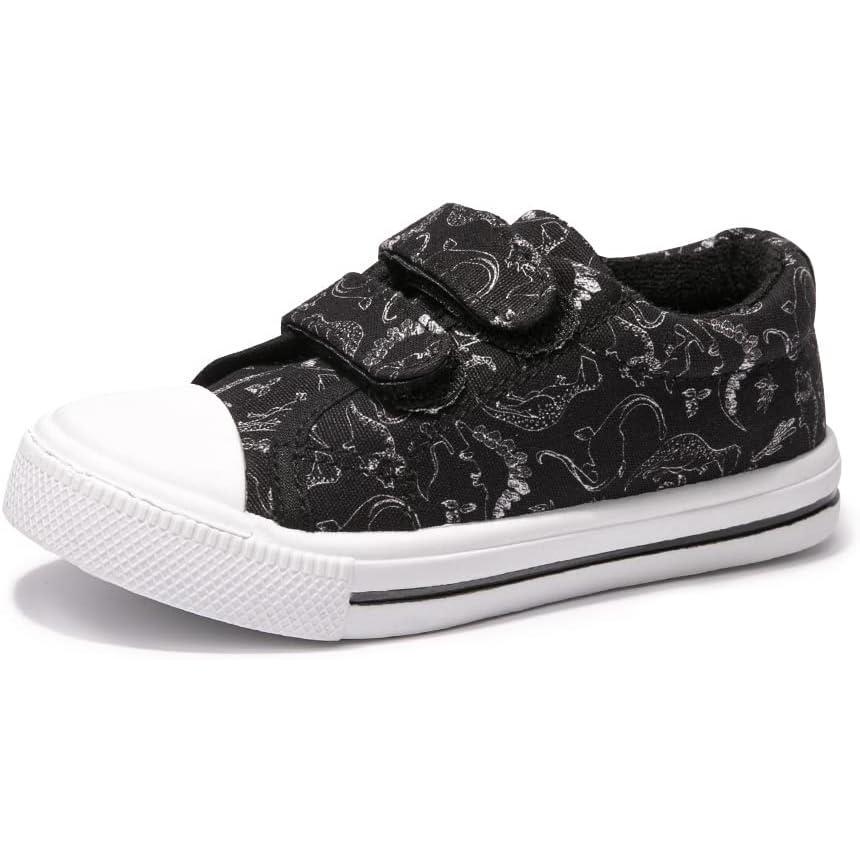 imageFUNKYMONEY Boys Girls Canvas Sneakers Casual Slip On Adjustable Hook and Loops Walking Shoes for ToddlerLittle KidsBlack