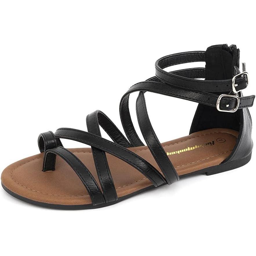 imageFUNKYMONKEY Girls Gladiator Strap Sandals Flat Fisherman Thong Cross Strappy SandalsBlack a