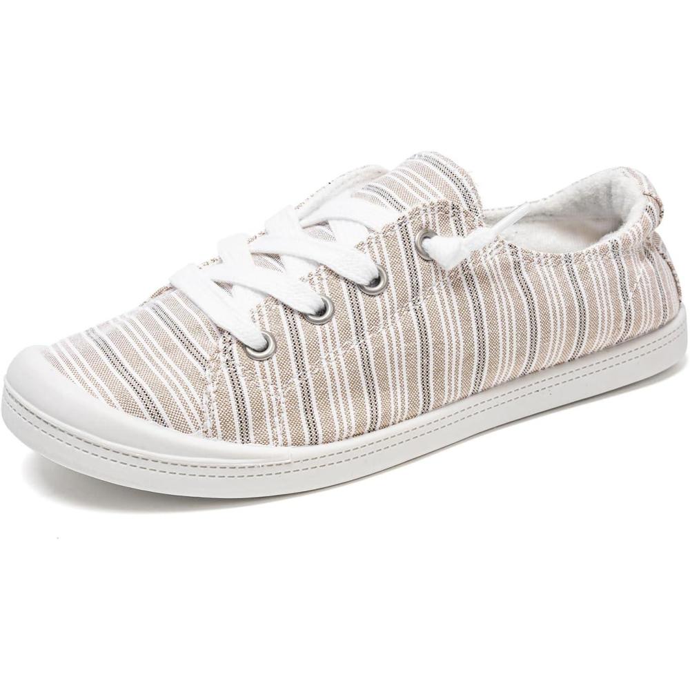 imageFUNKYMONKEY Shoes for Women Comfort Low Top Canvas Slip On Sneakers Classic Casual Walking ShoesKaki StripesJd