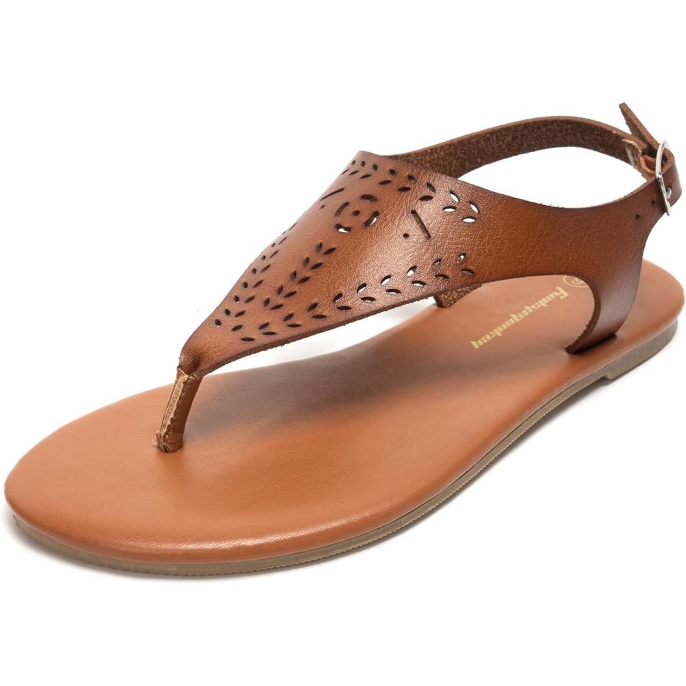 imageFUNKYMONKEY Thong Flat Sandals Womens Casual TStrap and Adjustable Ankle Buckle for Summer Beach SandalsBrown