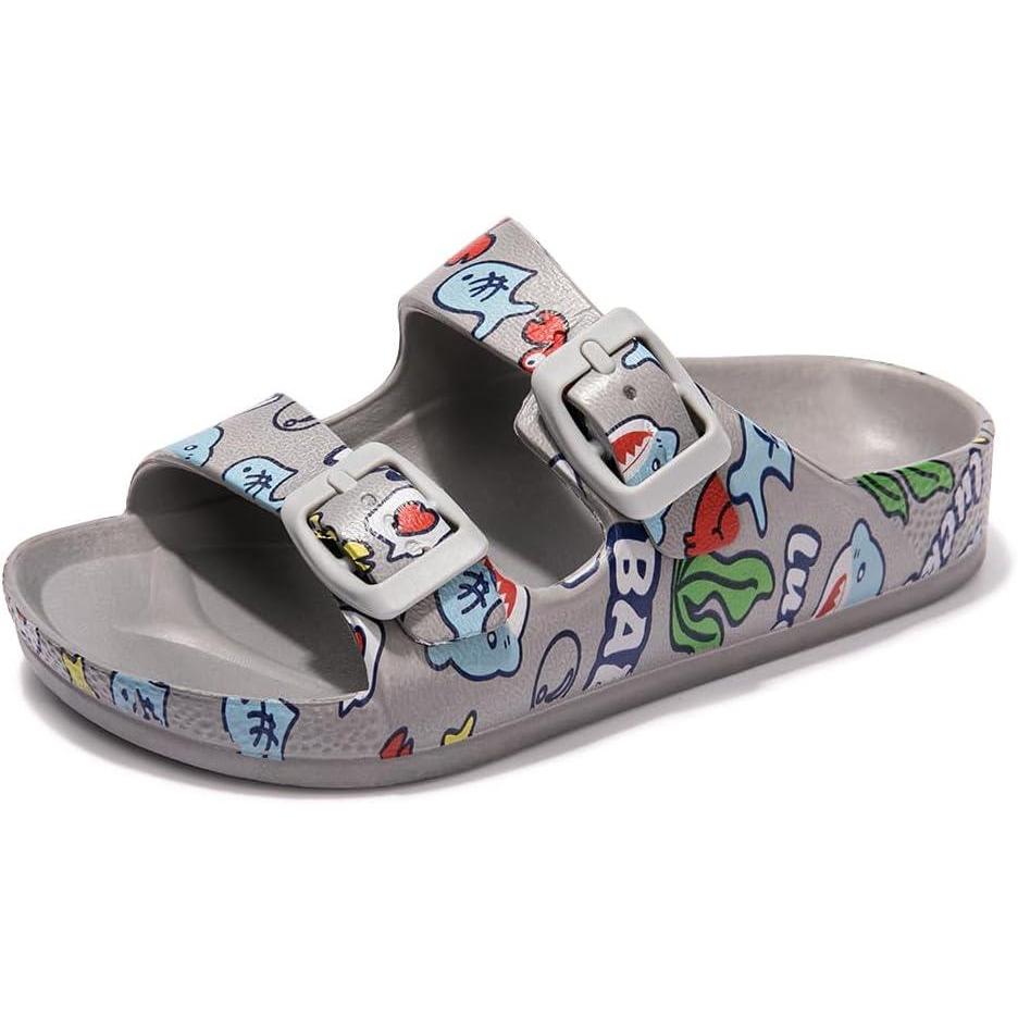 imageFUNKYMONKEY UnisexChild Slides Double Buckle Adjustable EVA Flat Sandals for Boys GirlsGreySea Animal