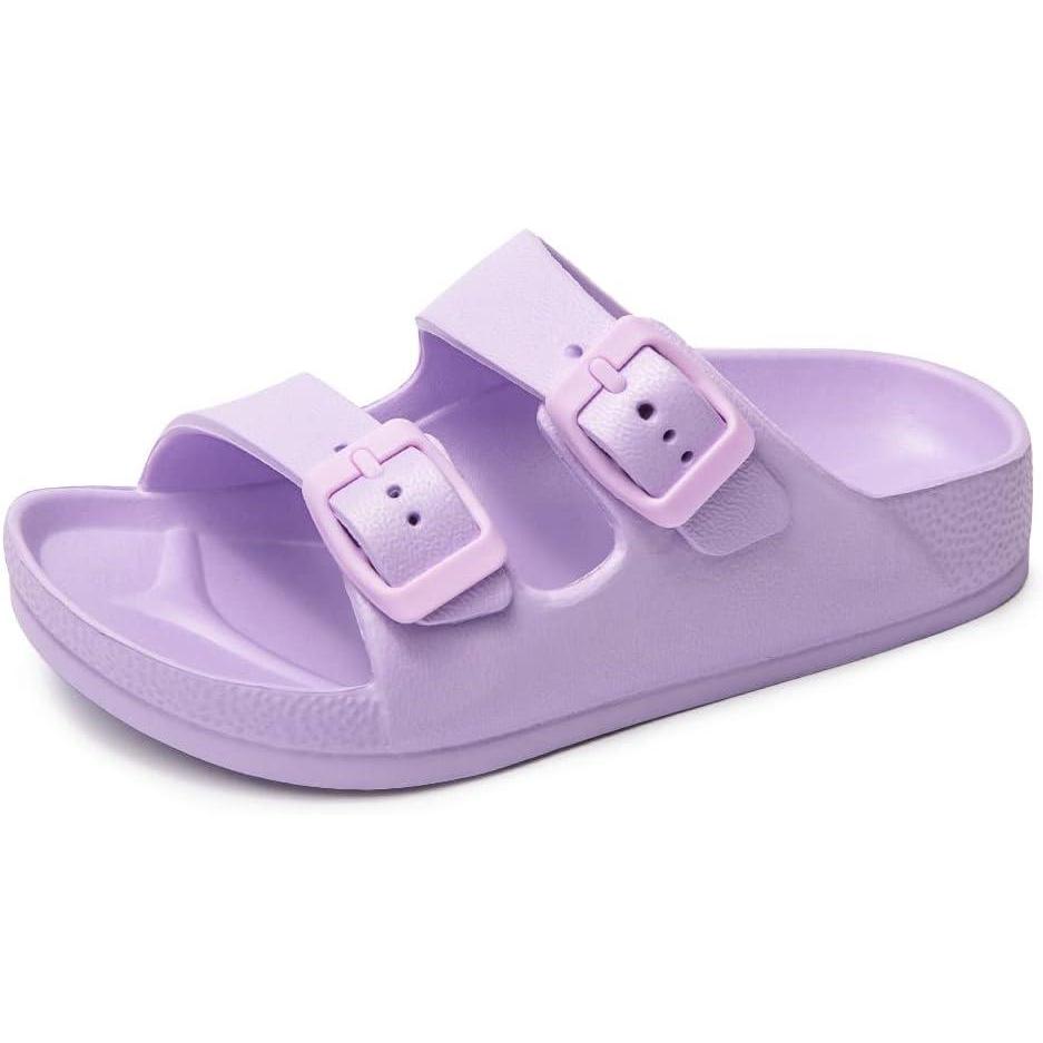imageFUNKYMONKEY UnisexChild Slides Double Buckle Adjustable EVA Flat Sandals for Boys GirlsLight Purple