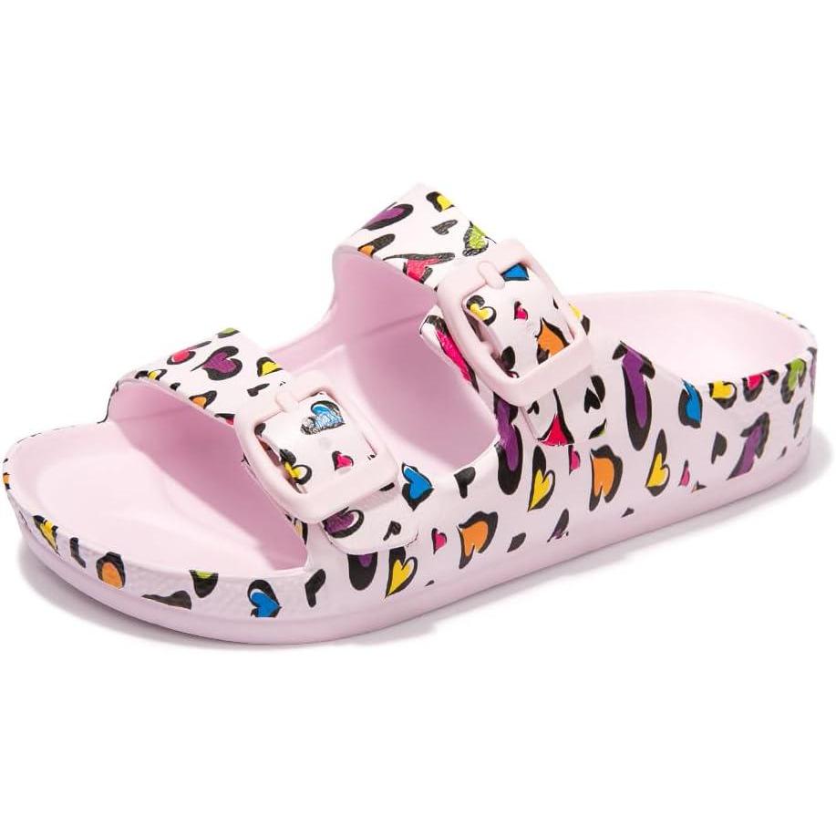 imageFUNKYMONKEY UnisexChild Slides Double Buckle Adjustable EVA Flat Sandals for Boys GirlsPinkLove