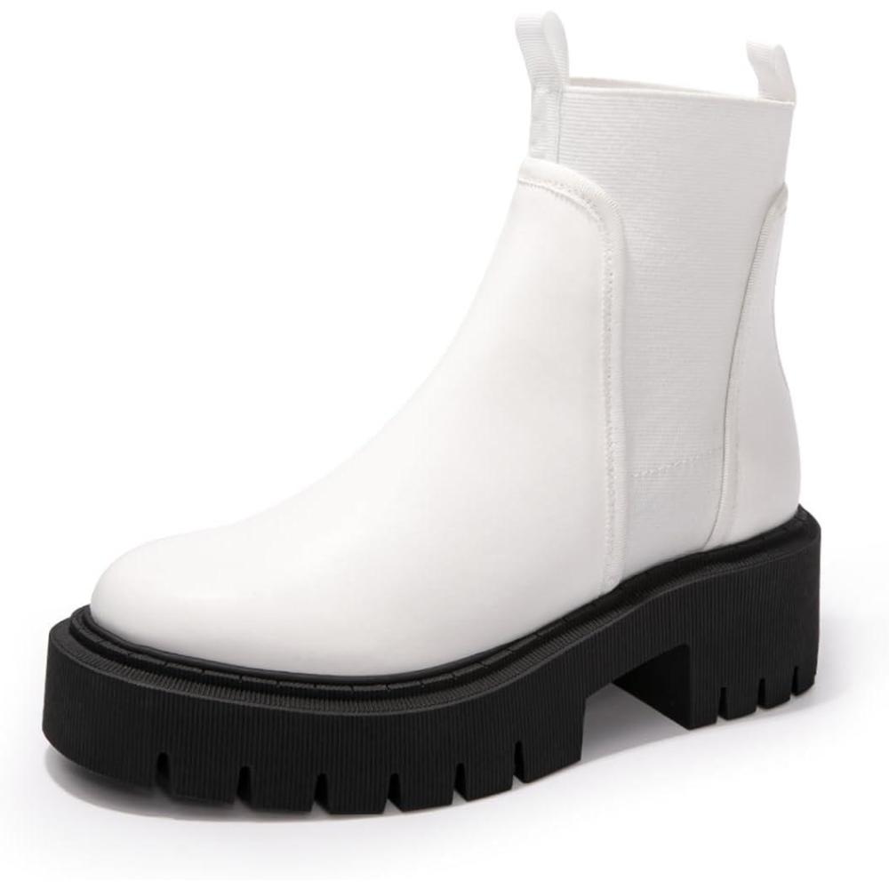 imageFUNKYMONKEY Womens Chelsea Boot Lug Sole Mid Heel Fashion Ankle BootieWhite