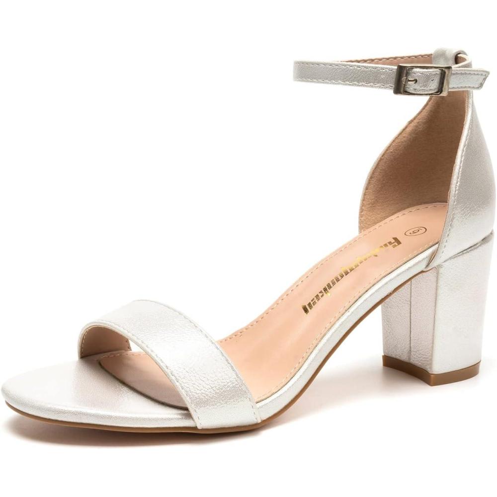 imageFUNKYMONKEY Womens Chunky High Heels SandalsTwo Strap Open Toe Ankle Strap Heeled SandalParty Wedding Strappy Buckle SandalsSilver