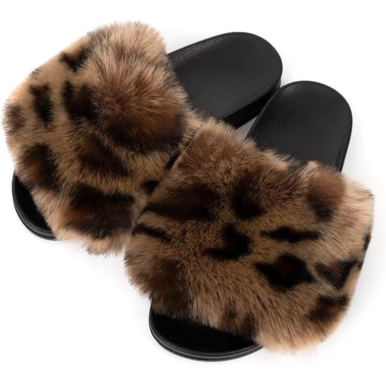 imageFUNKYMONKEY Womens Slides Faux Fur Cute Slip On Fuzzy Slippers Comfort Flat SandalsLeopard