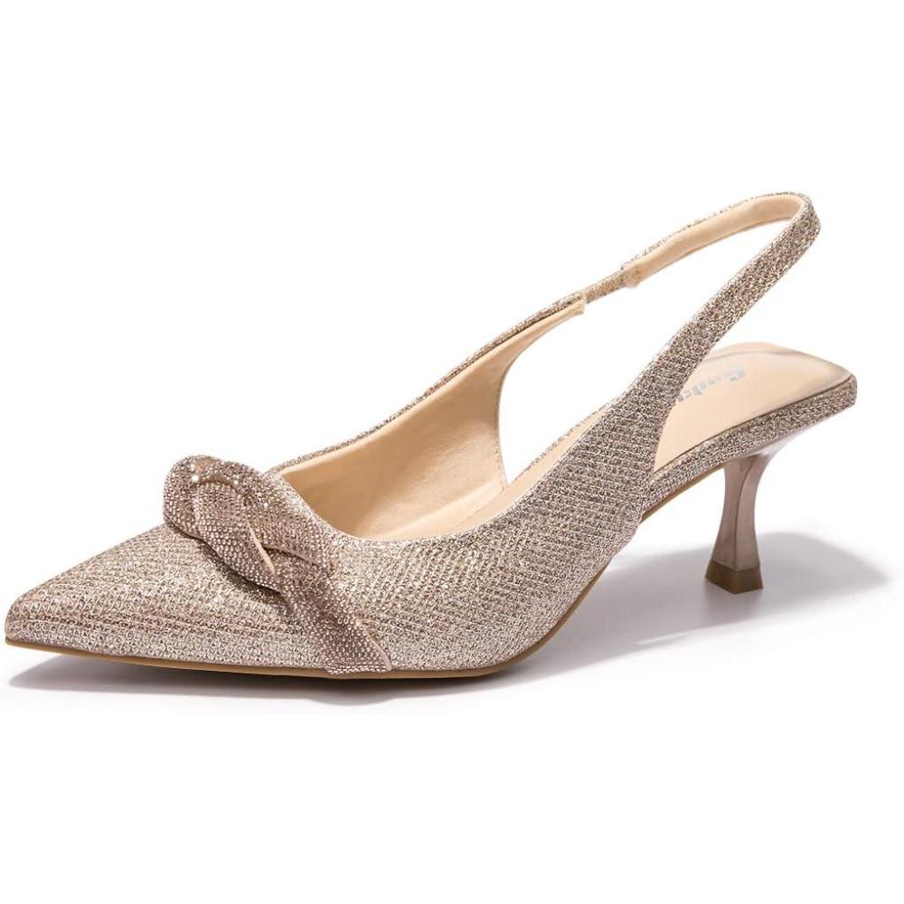 imageFUNKYMONKEY Womens Slingback Pumps Shoes Elastic Strap Pointed Toe Kitten Heel Dress Wedding Party ShoesLight Gold
