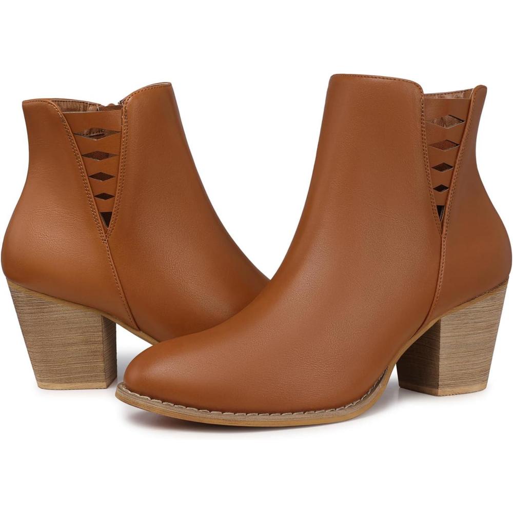 imageTEMOFON Ankle Boots for Women Booties Suede Short Boot with Chunky Low Heel Almond Toe Comfortable Dressy Shoes Side Zipper 2025 Trendy FallBrown Leather