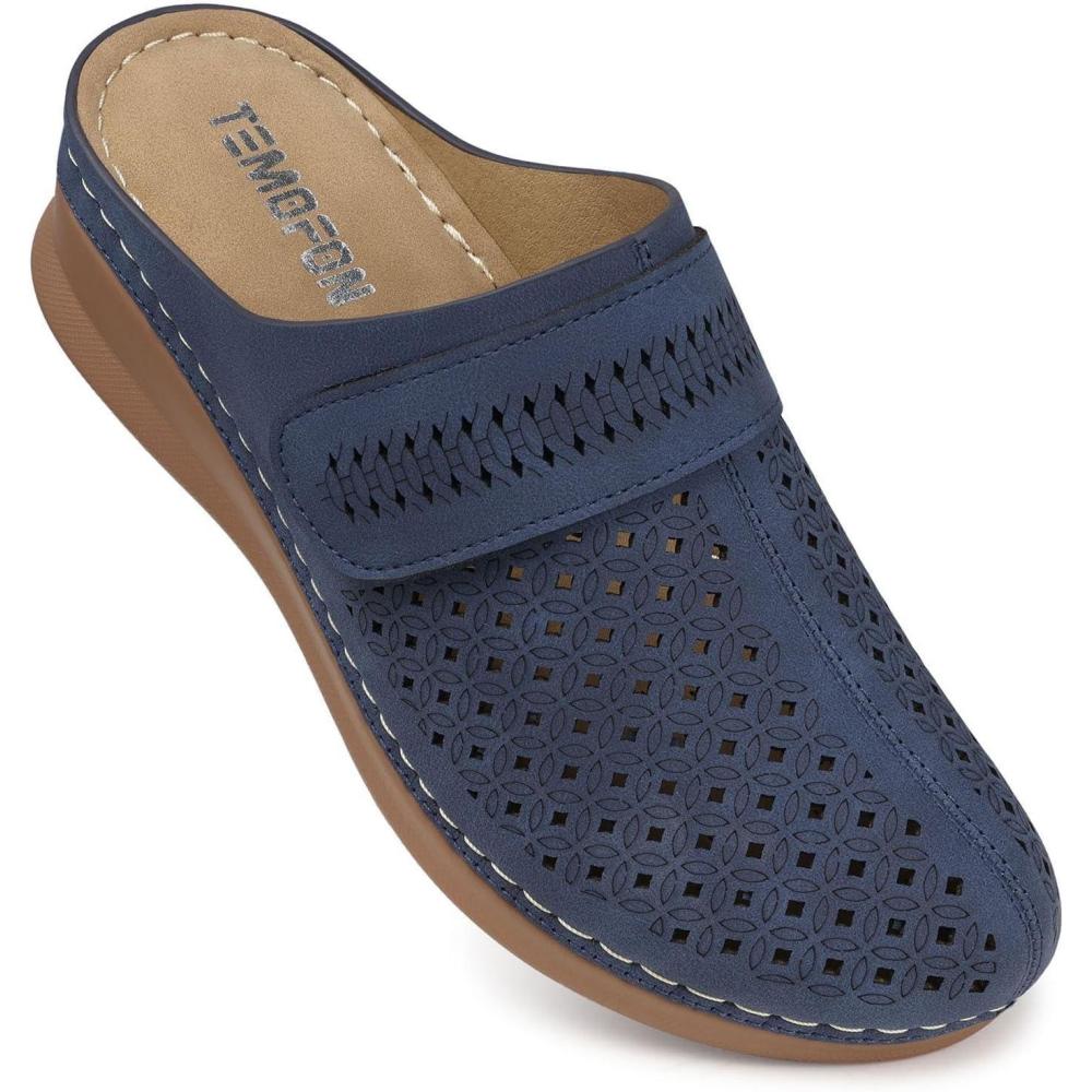 imageTEMOFON Clogs for Women Mules Shoes Comfortable Arch Support Closed Toe Sandals Backless Low Wedge Slip on Shoes92darkblue