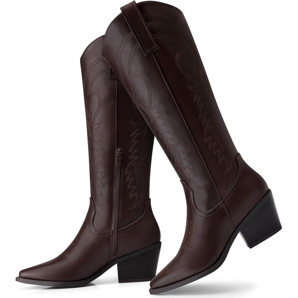imageTEMOFON Cowboy Boots for Women Cowgirl Knee High Pointed Toe Chunky Heel Wide Calf Booties with Side Zipper Fall Winter18brown