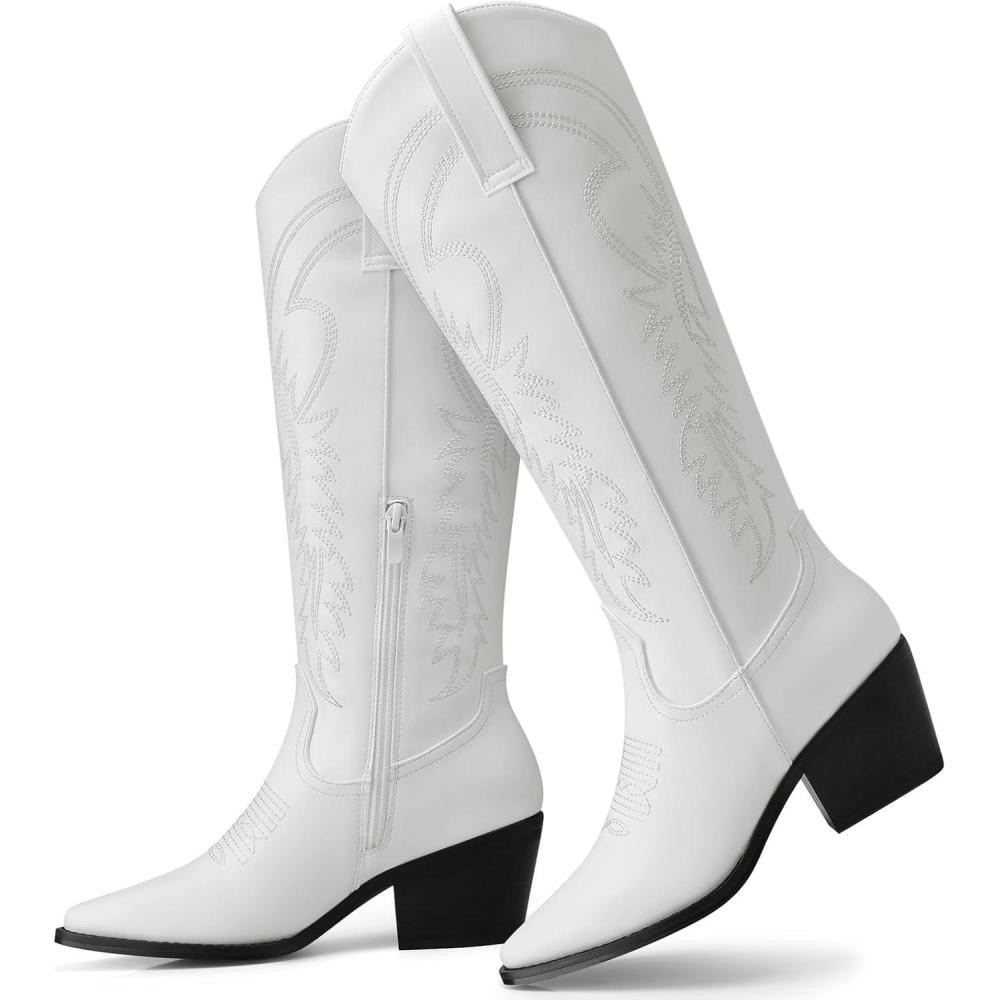 imageTEMOFON Cowboy Boots for Women Cowgirl Knee High Pointed Toe Chunky Heel Wide Calf Booties with Side Zipper Fall Winter18white