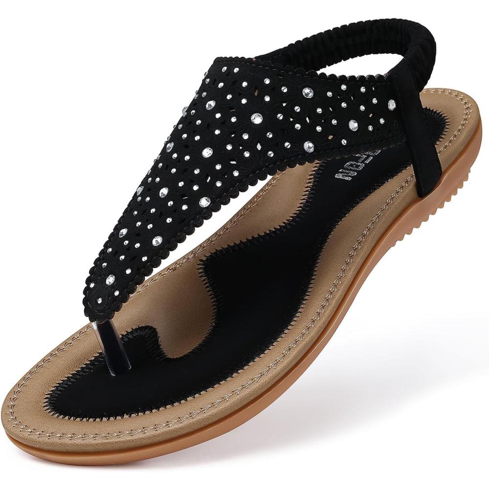 imageTEMOFON Flats Sandals for Women Dressy Elastic Ankle Strap Flat  TStrap Thong Sandal Women  Comfortable Beach Sandals Size 51011 Black