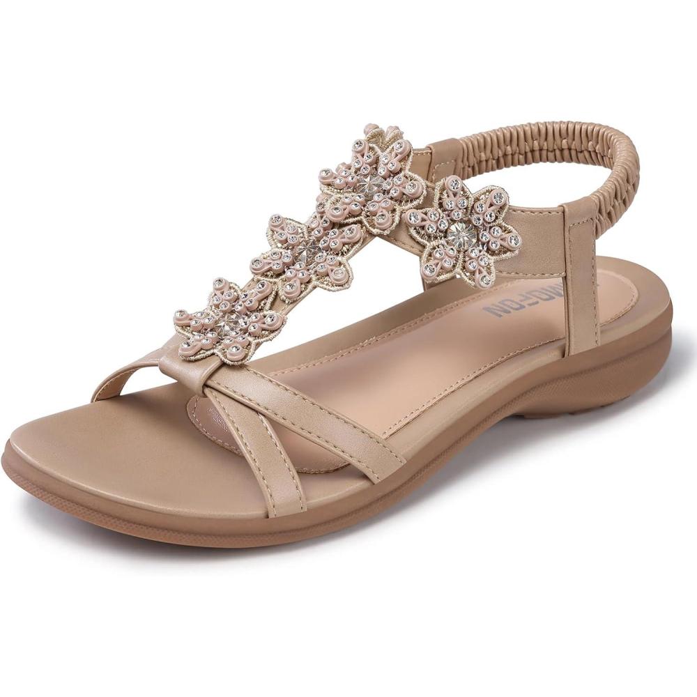 imageTEMOFON Flats Sandals for Women Dressy Summer Elastic Ankle Strap Flat Sandals  Comfortable Beach Women25apricot