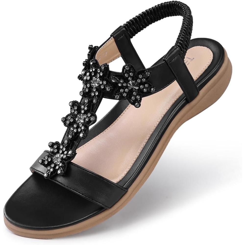 imageTEMOFON Flats Sandals for Women Dressy Summer Elastic Ankle Strap Flat Sandals  Comfortable Beach Women26black
