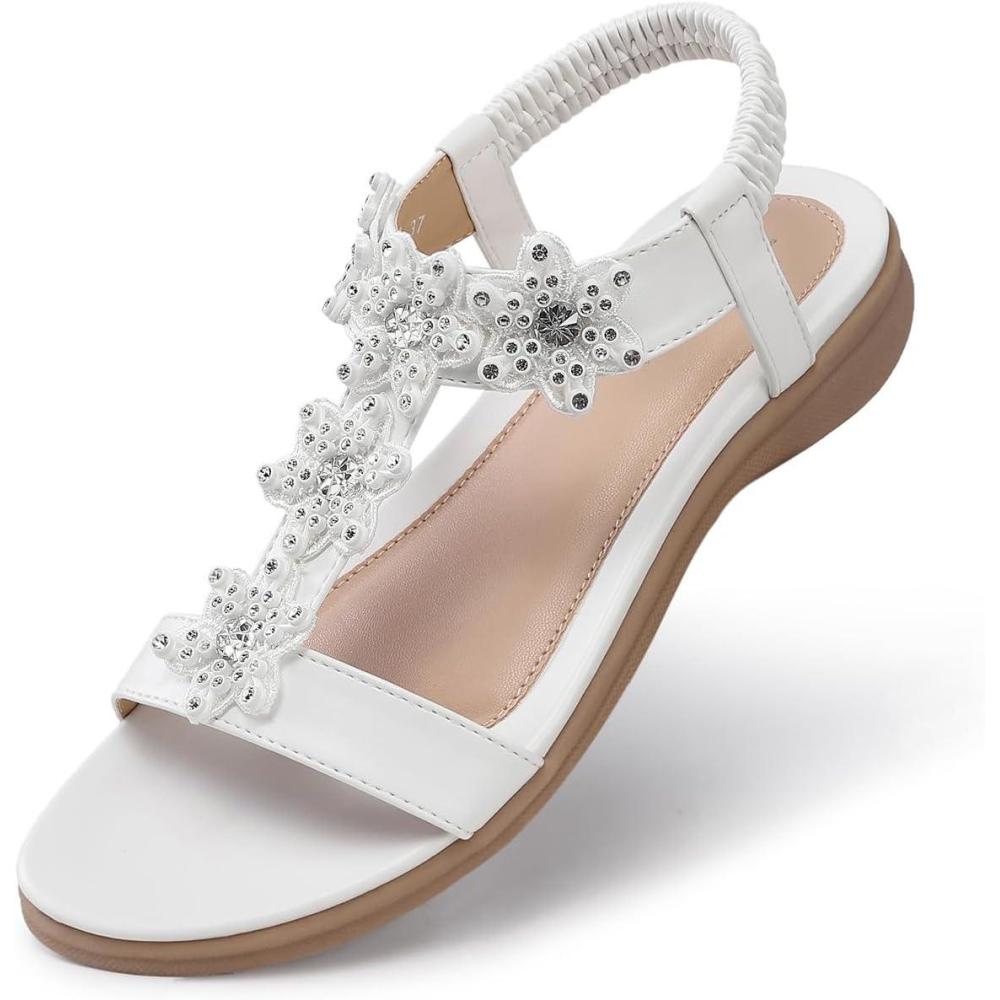 imageTEMOFON Flats Sandals for Women Dressy Summer Elastic Ankle Strap Flat Sandals  Comfortable Beach Women26white