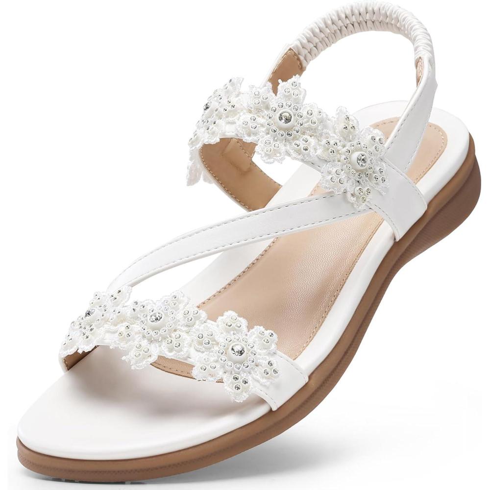 imageTEMOFON Sandals for Women Flat Dressy Summer Flower Sandals with Ankle Strap Comfortable Casual Walking Flat Sandals Size 51123white