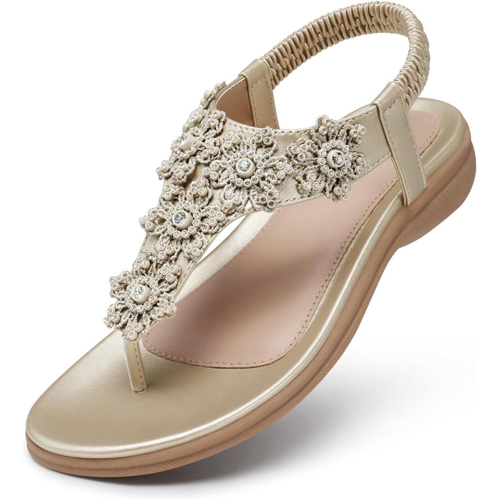 imageTEMOFON Sandals for Women Flat Dressy Summer Flower Sandals with Ankle Strap Comfortable Casual Walking Flat Sandals Size 51128champagne