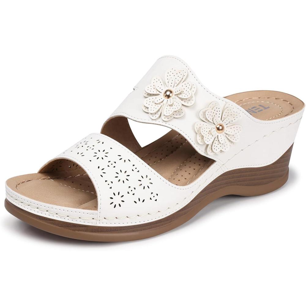 imageTEMOFON Sandals for Women Summer Wedge Soft Hollow Out Dressy Slides Sandals Rubber Sole Comfortable Walking Casual Slip on Platform Shoes52 White