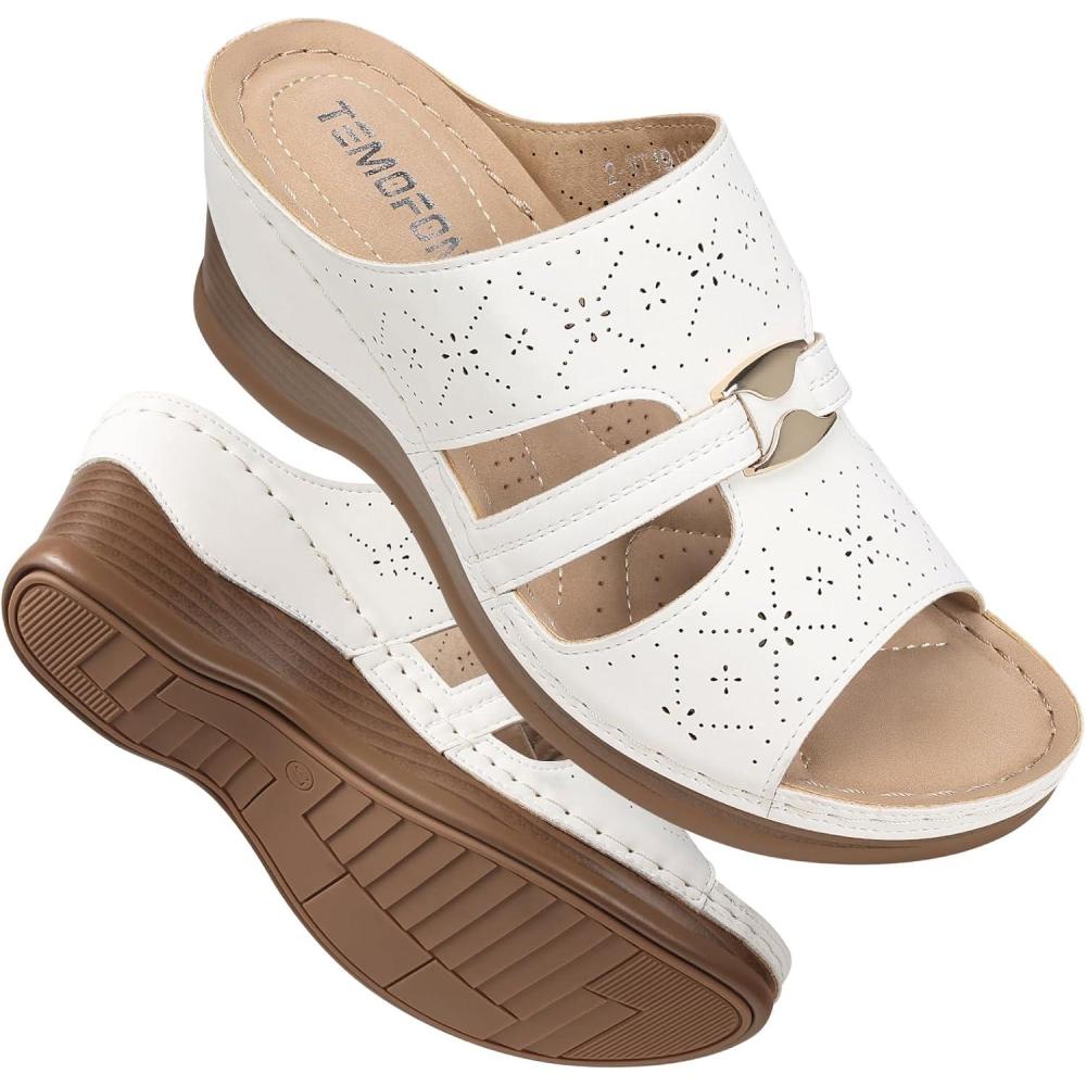 imageTEMOFON Sandals for Women Summer Wedge Soft Hollow Out Dressy Slides Sandals Rubber Sole Comfortable Walking Casual Slip on Platform ShoesWhite