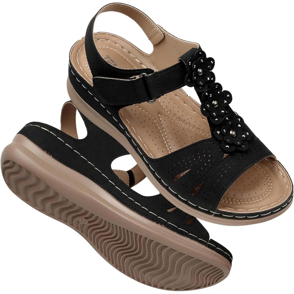 imageTEMOFON Wedge Sandals for Women Comfortable Open Toe Sandals with Low Wedges  Dressy Summer Casual Sandals  Flat Comfy Walking Sandals68black