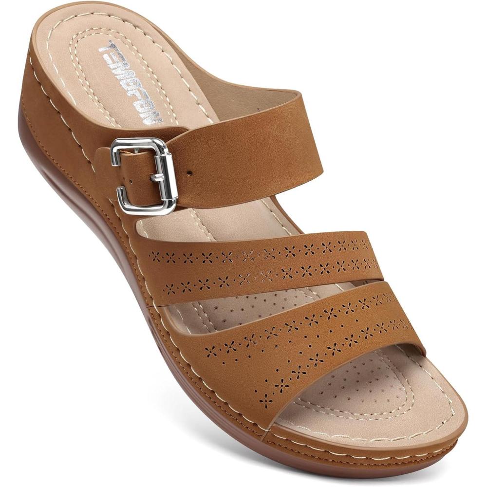 imageTEMOFON Wedge Sandals for Women Comfortable Slip On Sandals Women Dressy Summer Flat Sandals Size 51175brown