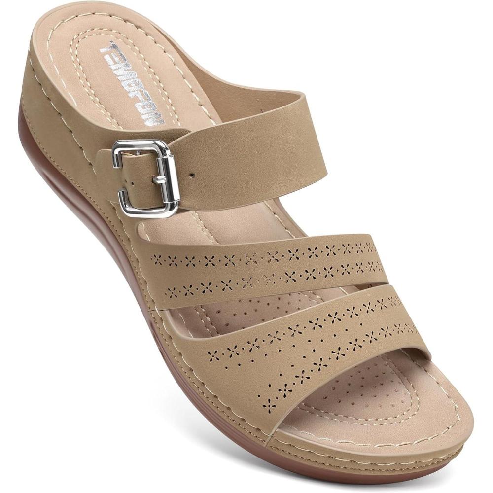 imageTEMOFON Wedge Sandals for Women Comfortable Slip On Sandals Women Dressy Summer Flat Sandals Size 51175khaki
