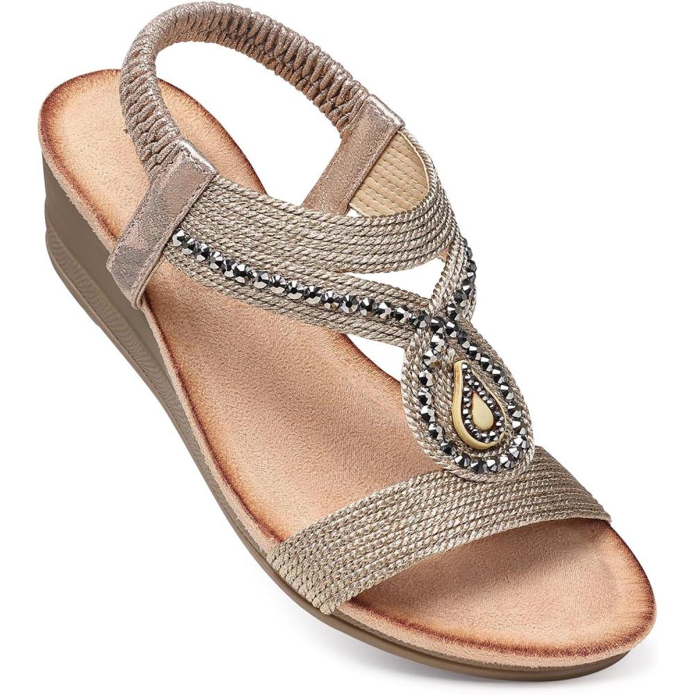 imageTEMOFON Wedge Sandals for Women Dressy Low Wedge Sandals Women Comfortable Dressy Walking  Summer Casual Elastic Strappy Open Toe Rhinestone Shoes1609champagne