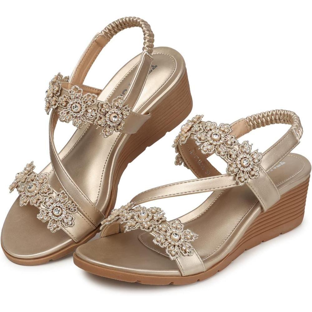 imageTEMOFON Wedge Sandals for Women Dressy Summer Open Toe Elastic Ankle Strap  Comfortable Bohemian Low Wedge Sandals1805champagne
