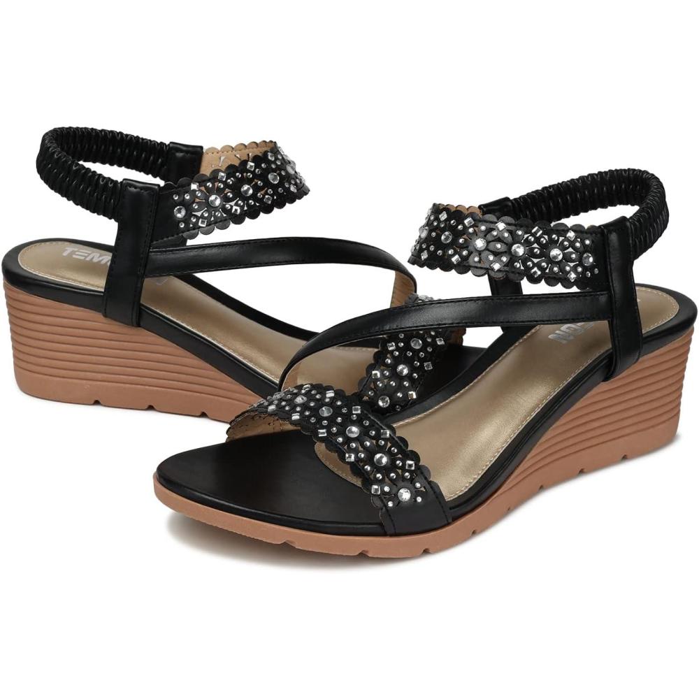 imageTEMOFON Wedge Sandals for Women Dressy Summer Open Toe Elastic Ankle Strap  Comfortable Bohemian Low Wedge Sandals2676black