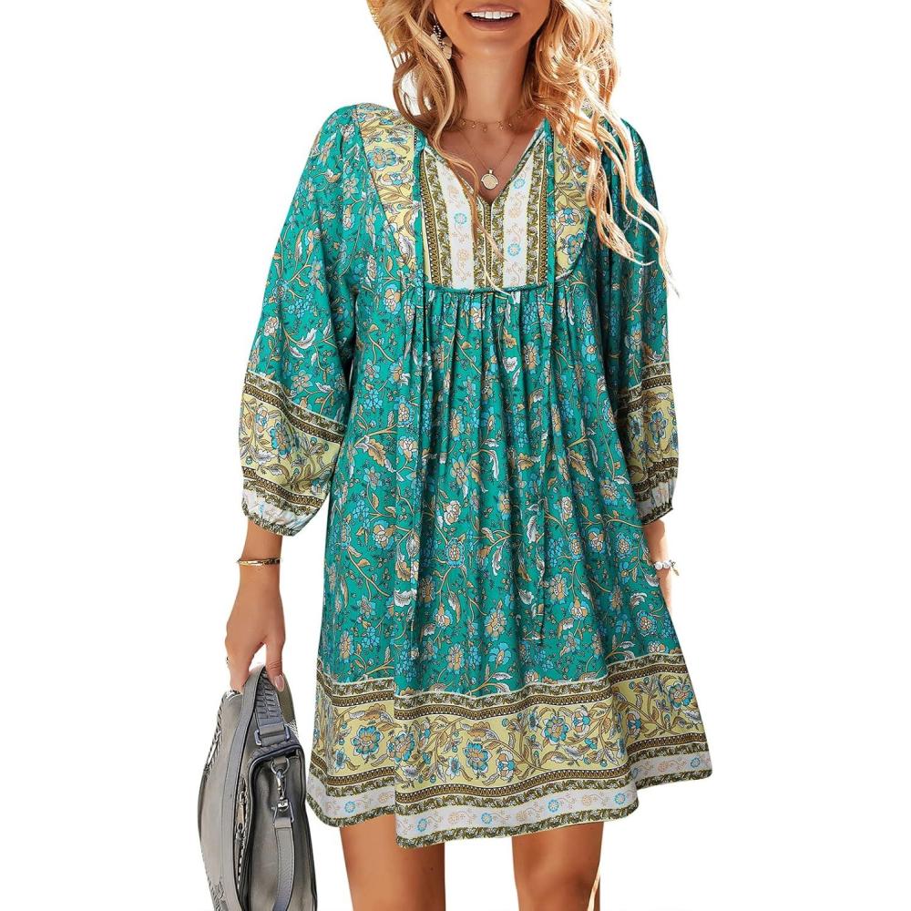 imageTEMOFON Womens Boho Mini Dress Summer Floral 34 Long Sleeve V Neck Flowy Loose Casual Beach Dresses55green