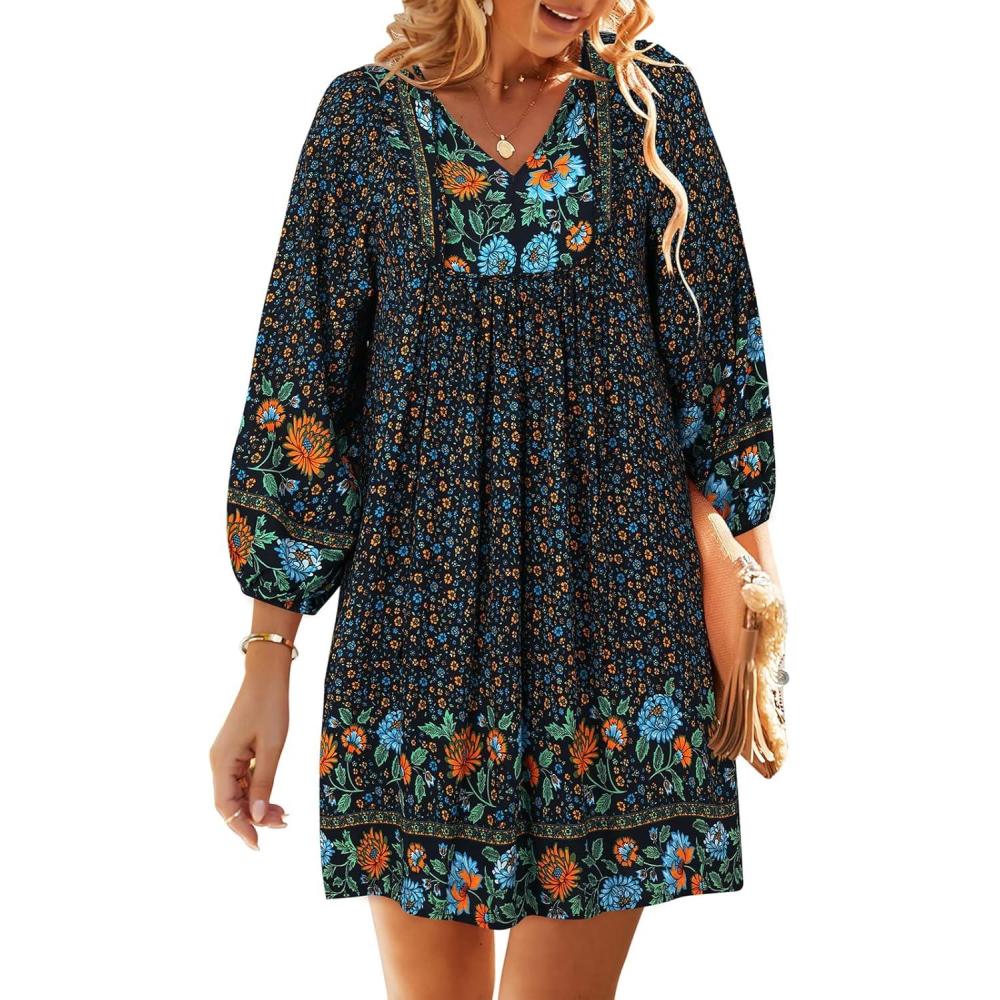 imageTEMOFON Womens Boho Mini Dress Summer Floral 34 Long Sleeve V Neck Flowy Loose Casual Beach Dresses55navy Blue