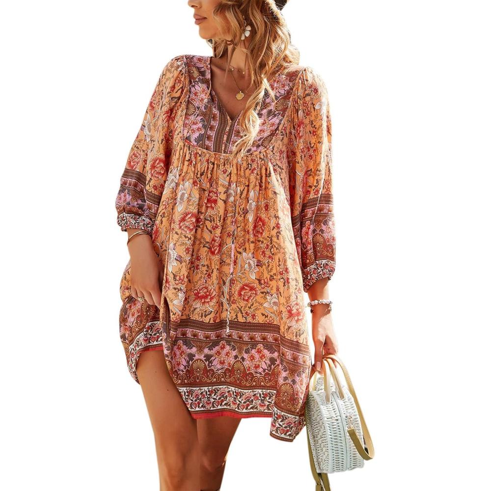 imageTEMOFON Womens Boho Mini Dress Summer Floral 34 Long Sleeve V Neck Flowy Loose Casual Beach DressesOrange
