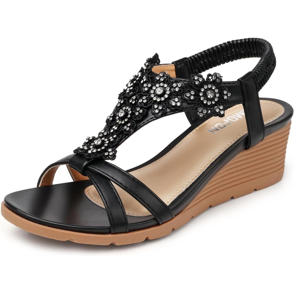 imageTEMOFON Womens Low Wedge Heels Summer Dressy Platform Sandals Elastic Ankle Strap Open Toe Flower Shoes25black