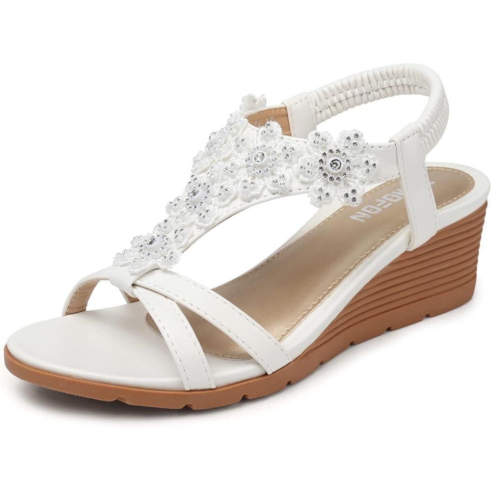 imageTEMOFON Womens Low Wedge Heels Summer Dressy Platform Sandals Elastic Ankle Strap Open Toe Flower Shoes25white