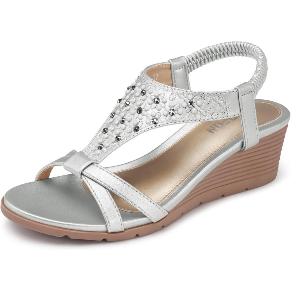 imageTEMOFON Womens Low Wedge Heels Summer Dressy Platform Sandals Elastic Ankle Strap Open Toe Flower Shoes26silver