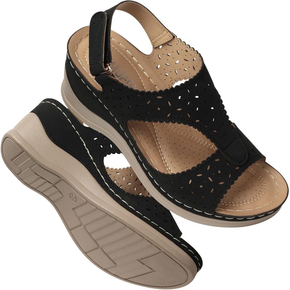 imageTEMOFON Womens Sandals Wedge Platform Summer Ankle Strap Open Toe Wedge  Dressy Sandals Women  Comfortable Walking Low Sandal2682black