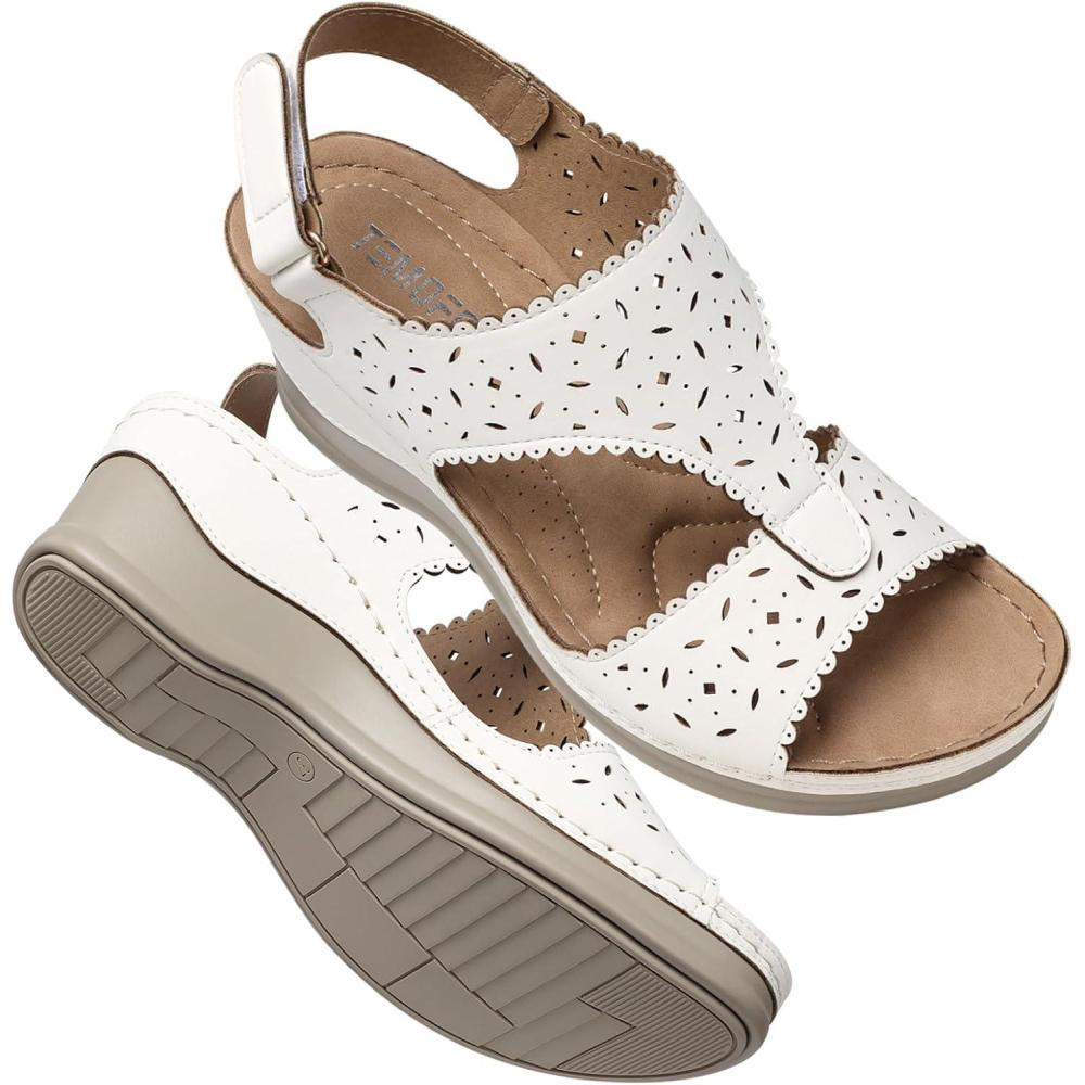 imageTEMOFON Womens Sandals Wedge Platform Summer Ankle Strap Open Toe Wedge  Dressy Sandals Women  Comfortable Walking Low Sandal2682white