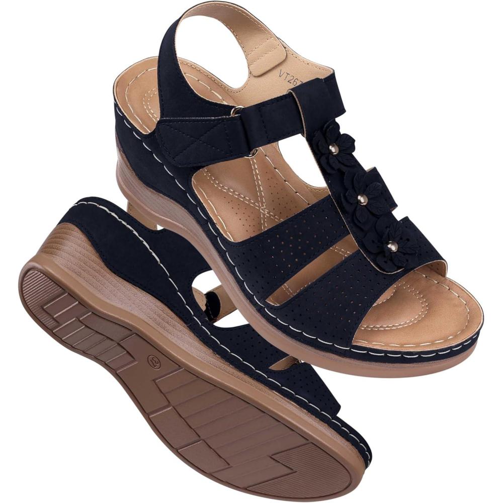 imageTEMOFON Womens Sandals Wedge Platform Summer Ankle Strap Open Toe Wedge  Dressy Sandals Women  Comfortable Walking Low SandalVt2671black