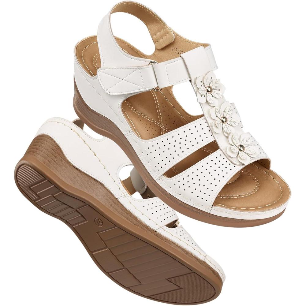 imageTEMOFON Womens Sandals Wedge Platform Summer Ankle Strap Open Toe Wedge  Dressy Sandals Women  Comfortable Walking Low SandalVt2671white