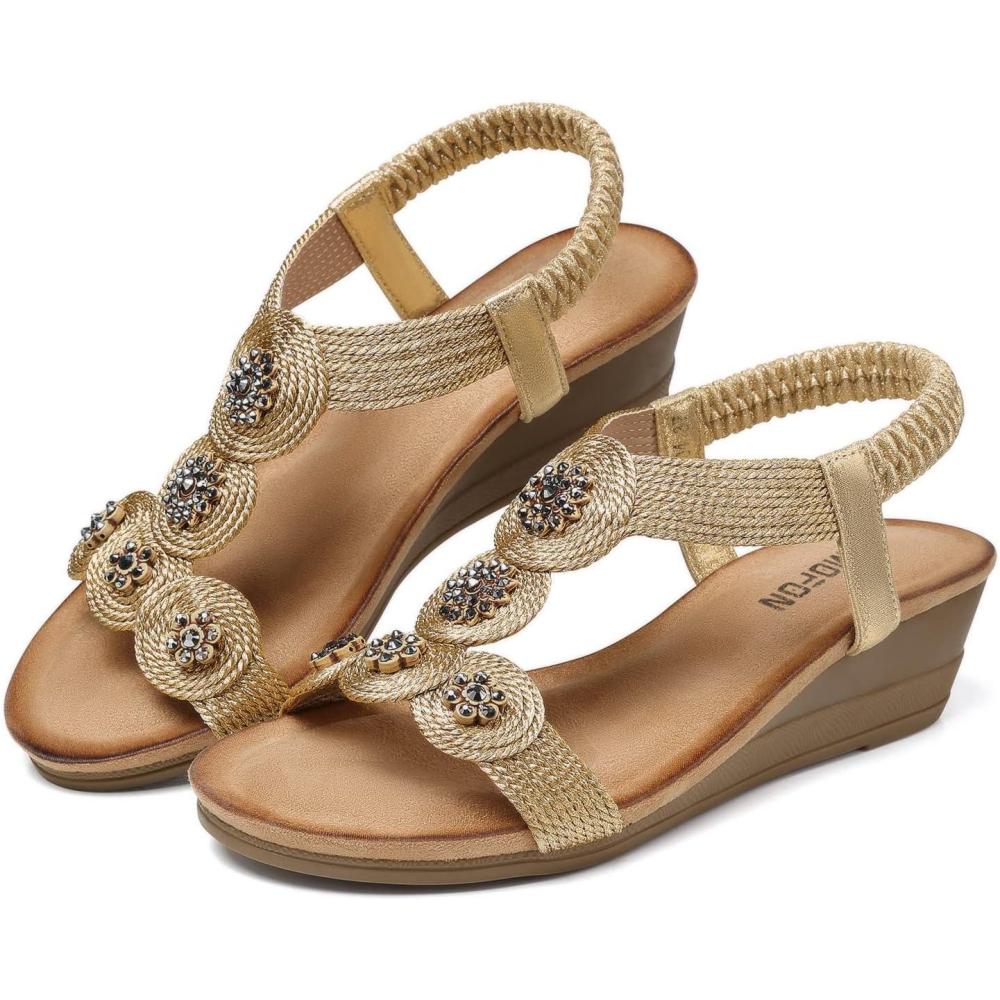 imageTEMOFON Womens Wedge Dressy Sandals Elastic Ankle Strap Sandals  Summer Beach Open Toe  Comfortable Walking Sandals Champagne Size 7