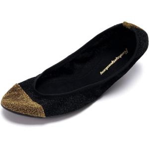 FUNKYMONKEY Foldable Ballet Flats for Women’s, Comfortable Portable Travel Roll Up Walking Shoes(Black/Gold)