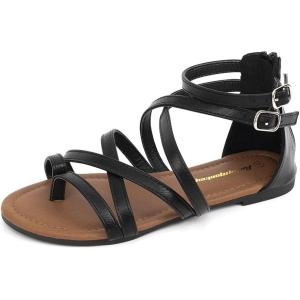 FUNKYMONKEY Girls Gladiator Strap Sandals Flat Fisherman Thong Cross Strappy Sandals(Black a)