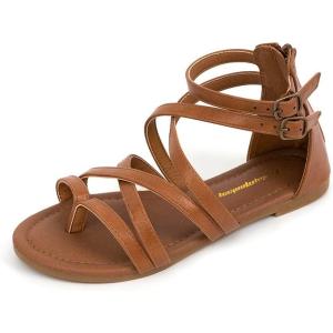 FUNKYMONKEY Girls Gladiator Strap Sandals Flat Fisherman Thong Cross Strappy Sandals(Brown a)
