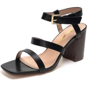 FUNKYMONKEY Heeled Sandal for Womens Chunky Heel Square Open Toe Ankle Strap Dress Sandals (8 M US, Black)