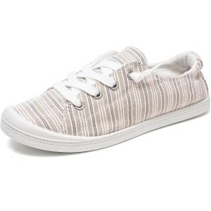 FUNKYMONKEY Shoes for Women, Comfort Low Top Canvas Slip On Sneakers Classic Casual Walking Shoes(Kaki Stripes/Jd)