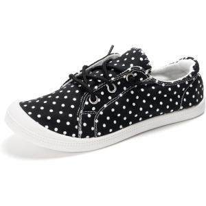 FUNKYMONKEY Shoes for Women, Comfort Low Top Canvas Slip On Sneakers Classic Casual Walking Shoes(White Dot/Jd)