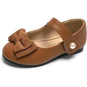 FUNKYMONKEY Toddler/Little Girl Mary Jane Dress Shoes Casual Slip on Ballet Flat(Brown Bowknot)