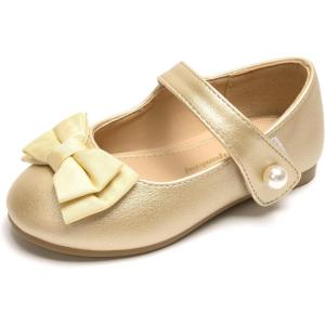 FUNKYMONKEY Toddler/Little Girl Mary Jane Dress Shoes Casual Slip on Ballet Flat(Gold Bowknot)