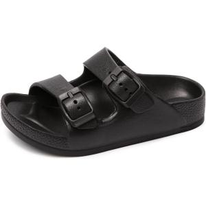 FUNKYMONKEY Unisex-Child Slides Double Buckle Adjustable EVA Flat Sandals for Boys Girls(Black)