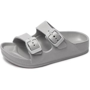 FUNKYMONKEY Unisex-Child Slides Double Buckle Adjustable EVA Flat Sandals for Boys Girls(Grey)